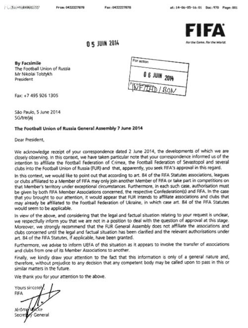  ФИФА блокирует присоединение футбольного Крыма к России